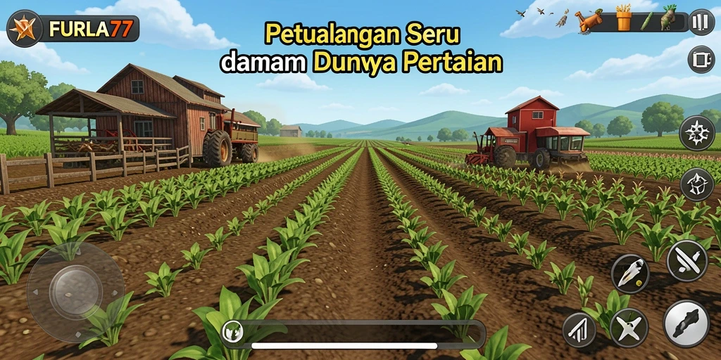 Screenshot gameplay FURLA77 menampilkan ladang hijau yang subur dan hewan peliharaan.