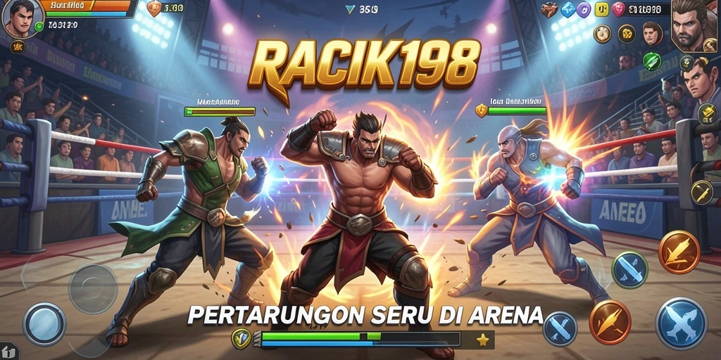Tampilan gameplay intens dalam RACIK198 dengan karakter Fighting.