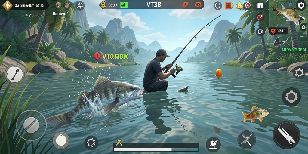Screenshot utama VT38 menampilkan pemain memancing di danau yang indah.